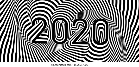 Happy 2020 new year background. Black white striped numbers, text. Brochure design template, card, banner. Optical illusion, op art.