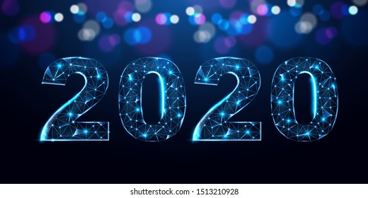 Happy 2020 new year banner design with fireworks from lines, dots, triangles and particle. Geometric polygonal 2020 new year greeting card. Polygon vector wireframe concept. 