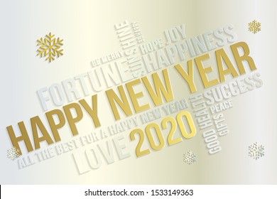 Happy 2020 new year banner in paper style. Wishes every success, happiness, joy, best of everything, good health, love. 2019 new year greeting banner. 