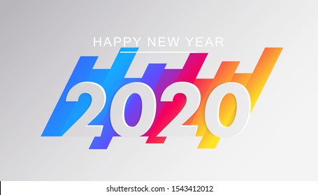 Happy 2020 New Year banner template. 3d number on insta colors diagonal stripes background. Modern papercut style winter season greeting card design. Creative Xmas poster layout. Vector illustration