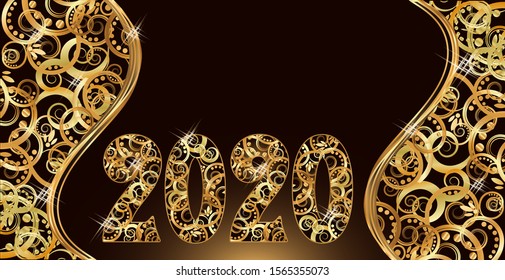 Happy 2020 new year, black gold background. Vector illustration
