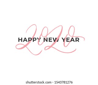 Happy 2020 New Year calligraphy phrase. Happy New Year inscription with ink pen number 2020. Vector ink illustration isolated on white background. Modern mono line lettering style.
