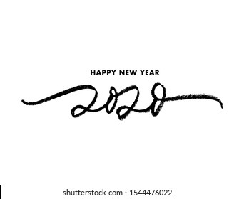 Happy 2020 New Year calligraphy phrase. Happy New Year inscription with ink brush number 2020. Vector ink illustration isolated on white background. Modern mono line lettering style.