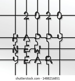 Happy 2020 New Year card with monoline text. Black phrase isolated on light gray backdrop. Ideal for greetings and invitations cards, seasonal holidays flyers and banners. Vector Illustration