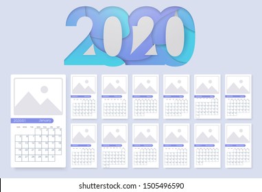 Happy 2020 new year card in paper style for your seasonal holidays. 2020 calendar template design. Vector illustration