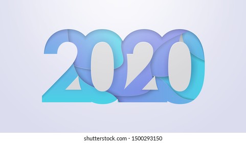 Happy 2020 New Year colour banner in paper style for your seasonal holidays flyers. Greeting card with cut-out paper figures 2020. Party poster, banner or invitation. xmas, vector illustration