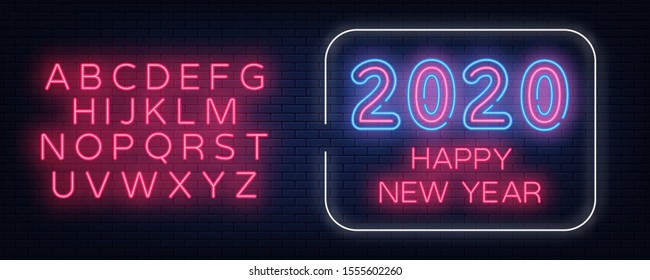 Happy 2020 New year glowing neon text in rectangle frame. New year seasonal greeting cards, invitations, banner in neon style. Vector illustration EPS 10.