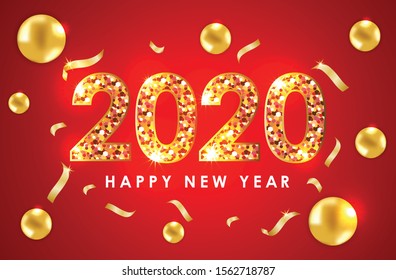 Happy 2020 new year. 2020 glowing gold numbers, gold balls and ribbons on a red background. Creative Concept Banner Design New Year celebrations. Vector illustration