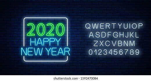 Happy 2020 new year glowing neon text in rectangle frame with alphabet. 2020 new year greeting cards or invitation design, banner in neon style. Vector illustration. Decoration element for design