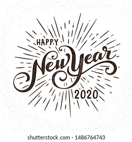 Feliz 2020, tarjeta de felicitación de Año Nuevo. Ilustración De Vector De Vacaciones Con Composición Y Burst. Etiqueta festiva de época