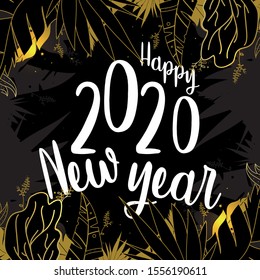 Happy 2020 New Year Greeting Card. golden leaf background