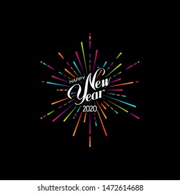 Happy 2020 New Year. Holiday Vector Illustration With Lettering Composition And Bursting Fireworks shape.