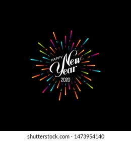 Happy 2020 New Year. Holiday Vector Illustration With Lettering Composition And Bursting Fireworks shape.