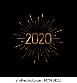 Happy 2020 New Year. Holiday Vector Illustration With Lettering And Burst Or Light Rays. Golden Textured Happy New Year Label