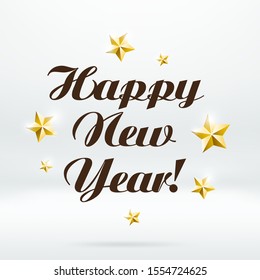 Happy 2020 New Year. Holiday Vector Illustration With Lettering Composition And Golden Shiny Stars. Gravity style.