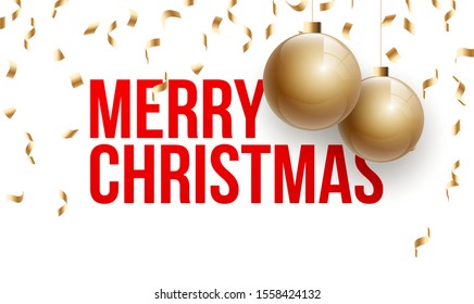 Happy 2020 New year holiday card with gold christmas balls and decorations and red greeting lettering isolated on white background. Merry Xmas banner in modern minimalistic design style with flat text