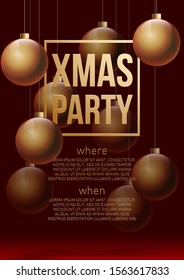 Happy 2020 New year holiday card with gold christmas balls and decorations and gold greeting lettering isolated on red background. Merry Xmas banner in modern minimalistic design style with flat text