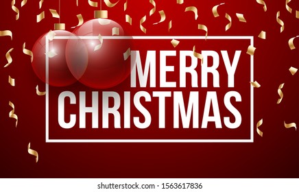 Happy 2020 New year holiday card with transparent christmas balls and decorations and white greeting lettering isolated on red background. Merry Xmas banner modern minimalistic design style flat text