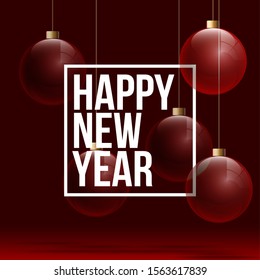 Happy 2020 New year holiday card with transparent christmas balls and decorations and white greeting lettering isolated on red background. Merry Xmas banner modern minimalistic design style flat text