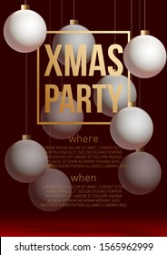 Happy 2020 New year holiday card with white christmas balls and decorations and gold greeting lettering isolated on red background. Merry Xmas banner in modern minimalistic design style with flat text