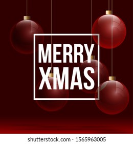 Happy 2020 New year holiday card with transparent christmas balls and decorations and white greeting lettering isolated on red background. Merry Xmas banner modern minimalistic design style flat text