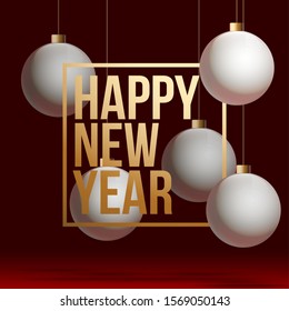 Happy 2020 New year holiday card with white christmas balls and decorations and gold greeting lettering isolated on red background. Merry Xmas banner in modern minimalistic design style with flat text