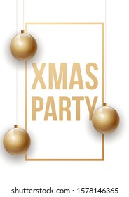 Happy 2020 New year holiday card with gold christmas balls and decorations gold greeting lettering isolated on white background. Merry Xmas banner in modern minimalistic design style with flat text
