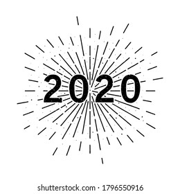 Happy 2020 New Year. Holiday vector illustration with typographic composition and sun rays in the background