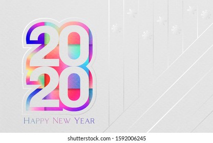 Happy 2020 new year holographic color banner in paper style for your seasonal holidays flyers, greetings and invitations, Christmas themed congratulations and cards. Vector illustration.