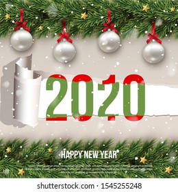 Happy 2020 new year merry christmas greeting flat creative poster with decorated ornament balls and stars fir brunches. Snowflakes and snowfall. Winter holidays. Seamless frame. Vector illustration