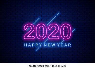 Happy 2020 new year. Neon greeting sign on dark brick background. Editable stroke and blend. Vector flat illustration.