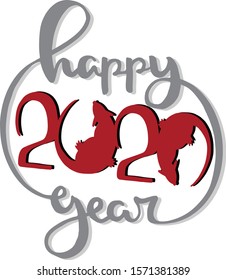 happy 2020 new year with numbers and rats modern style hand written, lettering, vector Illustration with composition. festive label, postcards, sticker, calendar