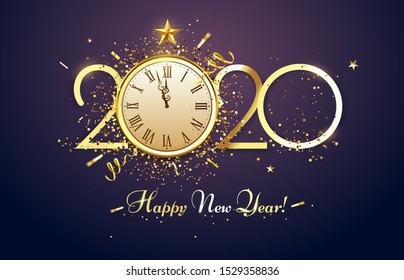 Happy 2020 New Year. Party countdown clock with golden sparks confetti, gold year number and watch face. Christmas luxury poster, Xmas glitter invitation or greeting card vector illustration