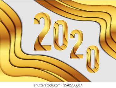 Happy 2020 new year sign gold colour banner in paper cut style for your seasonal holidays flyers sign, greetings and invitations card. christmas themed congratulations and cards. Vector illustration.