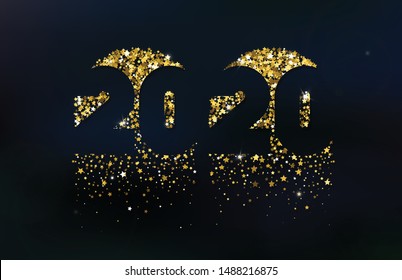 Happy 2020 New Year, vector card with falling glitter. Template with cutting down numbers and golden balls on dark backdrop. For greetings and invitations cards, seasonal holidays flyers and banners