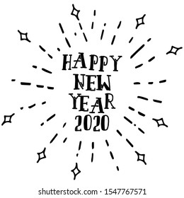 Happy 2020 New Year. vector doodle with lettering and burst. Holiday Vector Illustration 