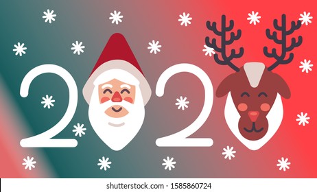 Happy 2020 new year, vector christmas banner with Santa Claus and Deer in the same style. All images can be animated.