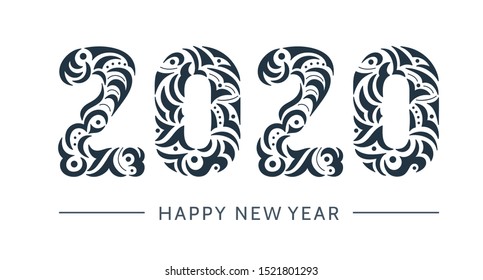 Happy 2020 new year vintage banner for your seasonal holidays flyers, greetings and invitations, christmas congratulations and cards. Openwork hand drawn symbol lettering 2020. Patterned illustration