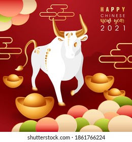 Happy 2021 Chinese New Year of Bull. White large ox with golden horn and hooves. Taurus with gold bars or ingot. Eastern calendar zodiac sign. Symbol of lunar coming year. Vector stock illustration.