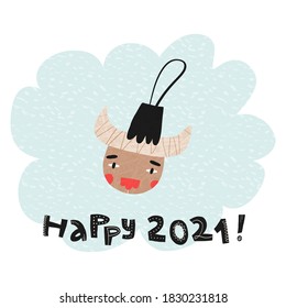 Happy 2021 greeting card cute design with funny hand-drawn Bull Christmas ball, symbol of 2021, snowfall textured cloud shape background. Vector illustration.