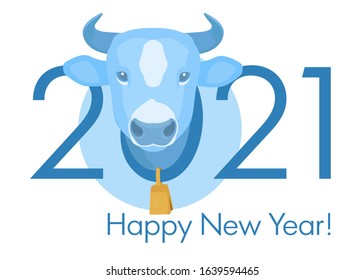 Happy 2021 new year banner. Blue cow head with gold bell on the neck. Stock vector illustration.