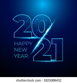 Happy 2021 new year blue number with bright sparkles. Festive premium design template for greeting card, calendar, banner. glowing lights circle on black background. Vector illustration