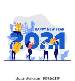 Happy 2021 new year business party corporate event. Tiny people dancing and giving gifts. Vector illustration for background, greeting card, party invitation card, social media, marketing material.