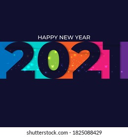 Happy 2021 new year colorful number with bright sparkles. Festive premium design template for greeting card, calendar, banner. glowing lights circle on black background. Vector illustration