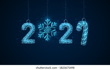 Happy 2021 New Year greeting card with Christmas toys Low poly style design Abstract geometric background. Wireframe light connection structure. Modern 3d graphic concept. Isolated vector illustration