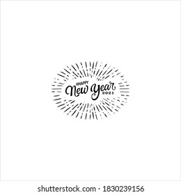 Happy 2021 New Year Greeting Card. Holiday Vector Illustration With Lettering Composition And Burst. Vintage festive label