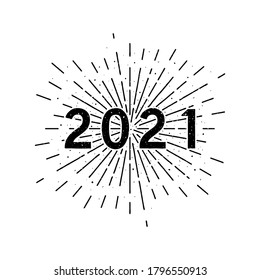 Happy 2021 New Year. Holiday vector illustration with typographic composition and sun rays in the background