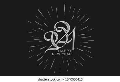Happy 2021 New Year. Holiday cerebration with lettering composition and bursting fireworks and Retro concept. Vector Illustration