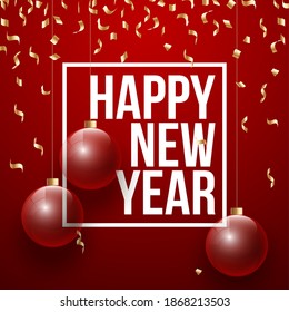 Happy 2021 New year holiday card with transparent christmas balls and decorations and white greeting lettering isolated on red background. Merry Xmas banner modern minimalistic design style flat text