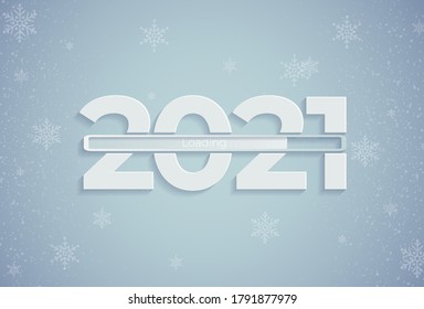 Happy 2021 new year loading bar card. Vector white 2021 New Year loading sparkling sign under falling white snow. White paper style for your seasonal holidays flyers, greetings and Christmas